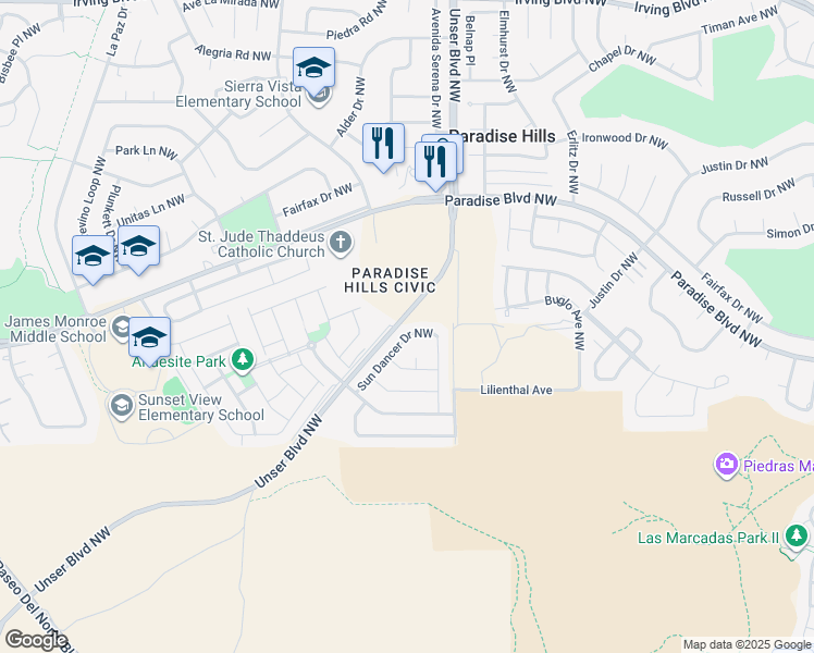 map of restaurants, bars, coffee shops, grocery stores, and more near 9631 Sun Dancer Drive Northwest in Albuquerque