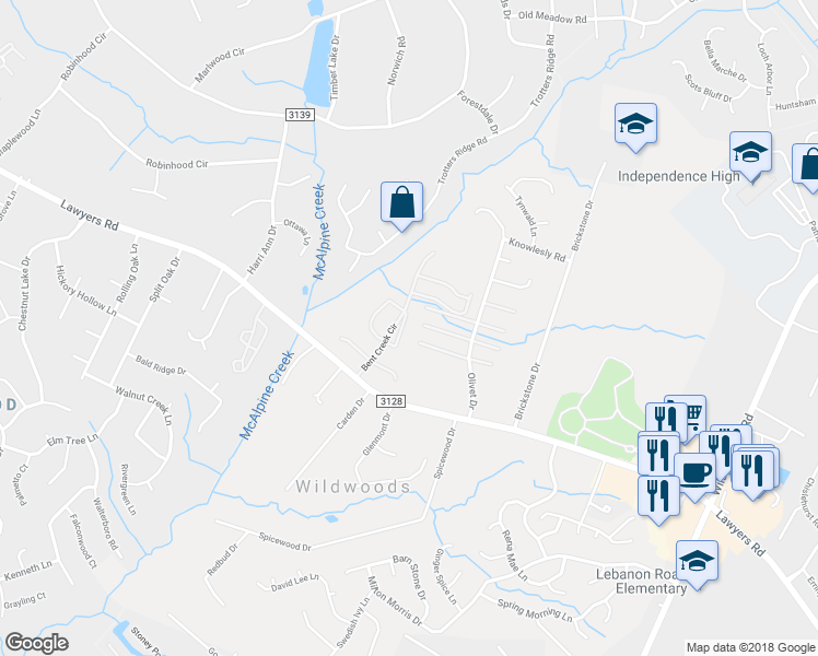 map of restaurants, bars, coffee shops, grocery stores, and more near 8301 Summer Glen Circle in Charlotte