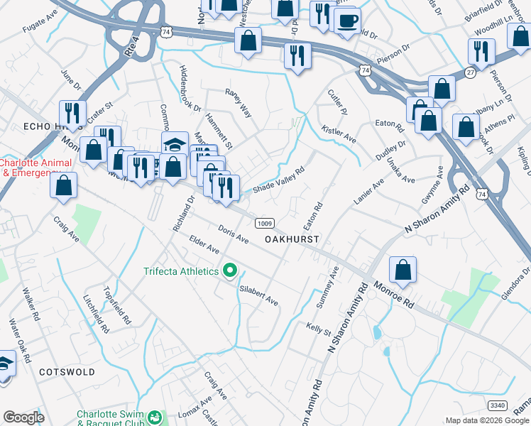 map of restaurants, bars, coffee shops, grocery stores, and more near 2132 Shade Valley Road in Charlotte
