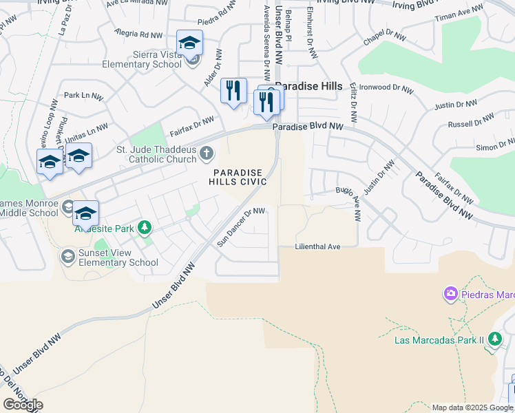 map of restaurants, bars, coffee shops, grocery stores, and more near 9643 Sun Dancer Drive Northwest in Albuquerque