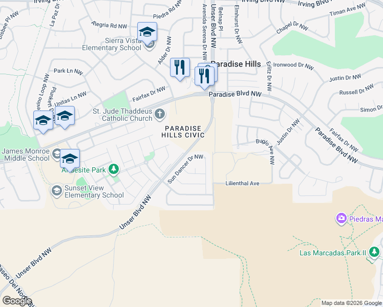 map of restaurants, bars, coffee shops, grocery stores, and more near 9631 Sun Dancer Drive Northwest in Albuquerque