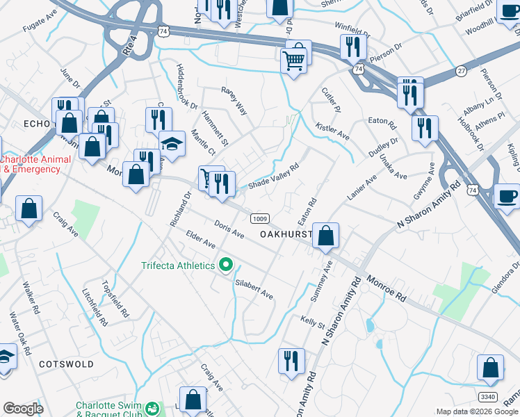 map of restaurants, bars, coffee shops, grocery stores, and more near 2132 Shade Valley Road in Charlotte
