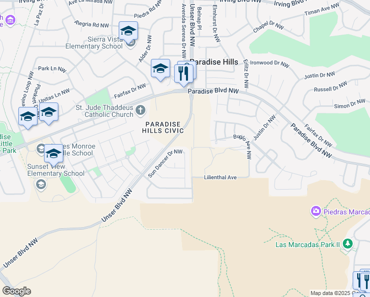 map of restaurants, bars, coffee shops, grocery stores, and more near 9640 Jacks Creek Drive Northwest in Albuquerque