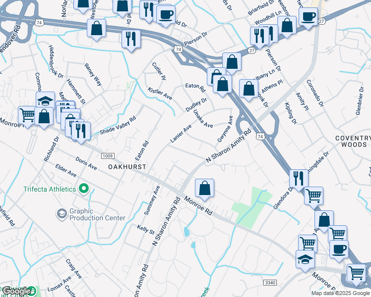 map of restaurants, bars, coffee shops, grocery stores, and more near 5237 Lynnville Avenue in Charlotte