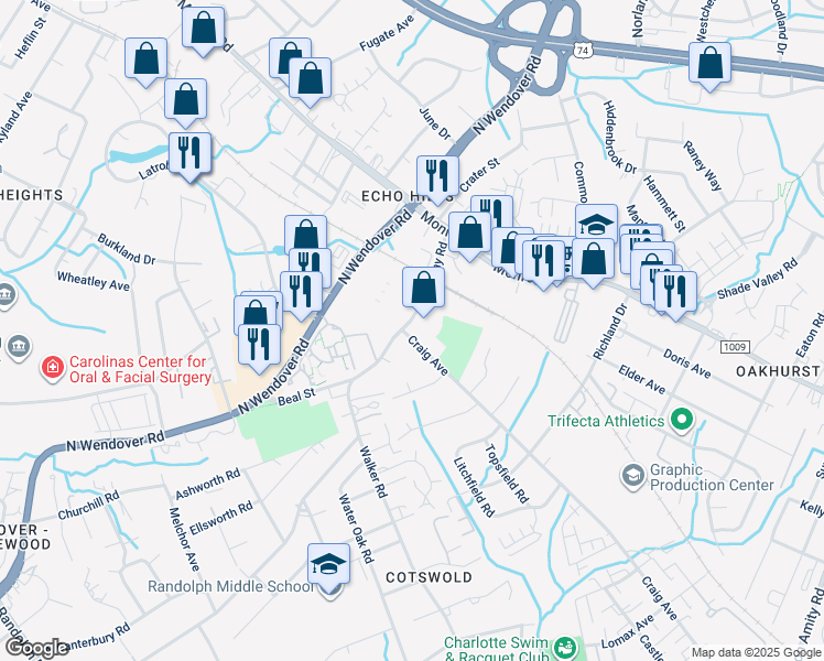 map of restaurants, bars, coffee shops, grocery stores, and more near 1109 McAlway Road in Charlotte