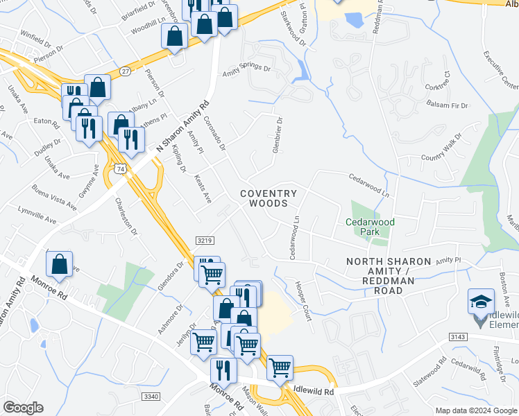 map of restaurants, bars, coffee shops, grocery stores, and more near 5000 Coronado Drive in Charlotte