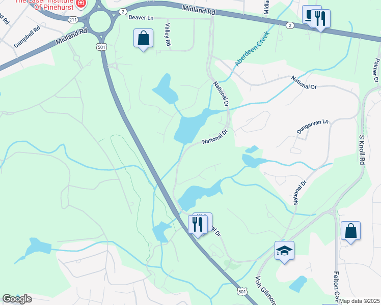 map of restaurants, bars, coffee shops, grocery stores, and more near 121 National Drive in Pinehurst
