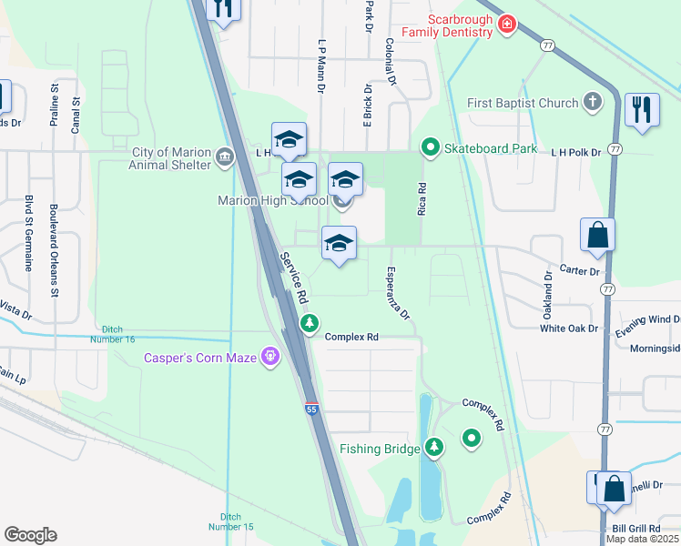 map of restaurants, bars, coffee shops, grocery stores, and more near 801 Carter Drive in Marion