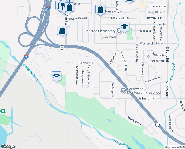 map of restaurants, bars, coffee shops, grocery stores, and more near 2611 Lynnwood Circle in Norman
