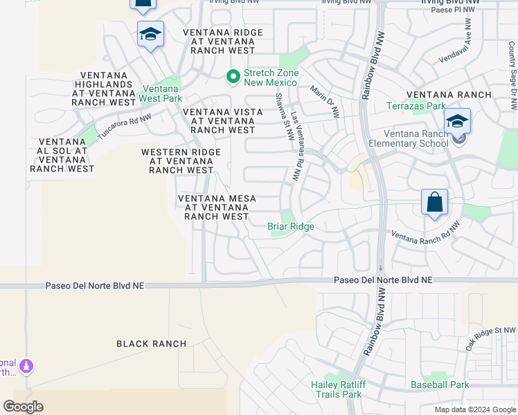 map of restaurants, bars, coffee shops, grocery stores, and more near 7705 Briar Ridge Avenue Northwest in Albuquerque