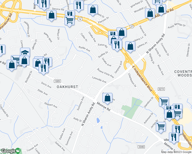 map of restaurants, bars, coffee shops, grocery stores, and more near 5229 Lynnville Avenue in Charlotte