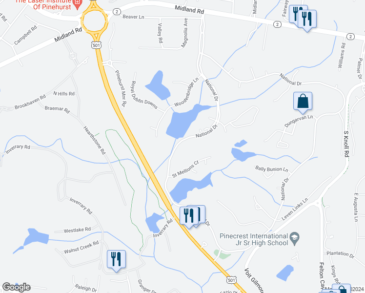 map of restaurants, bars, coffee shops, grocery stores, and more near 121 National Drive in Pinehurst