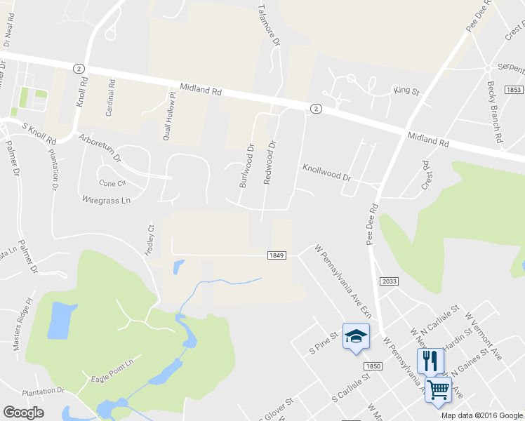 map of restaurants, bars, coffee shops, grocery stores, and more near 721 Burlwood Drive in Southern Pines