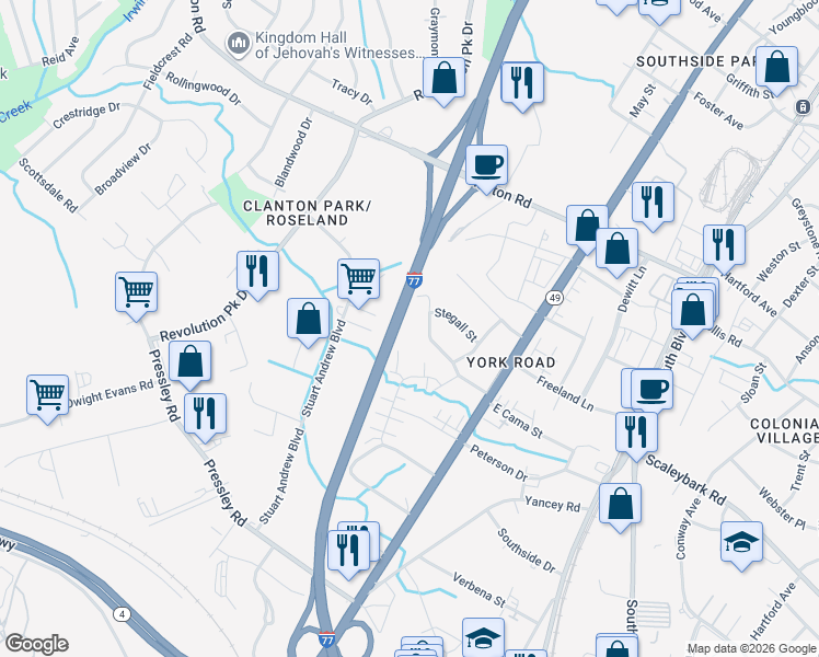 map of restaurants, bars, coffee shops, grocery stores, and more near I 77 Center Drive in Charlotte