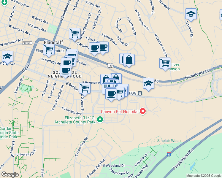map of restaurants, bars, coffee shops, grocery stores, and more near 211 South Gabel Street in Flagstaff