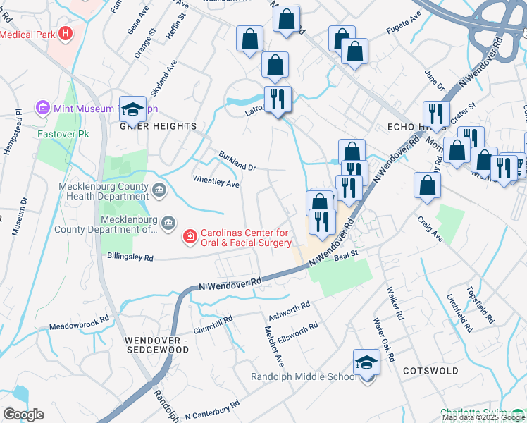 map of restaurants, bars, coffee shops, grocery stores, and more near 3615 Jonquil Street in Charlotte