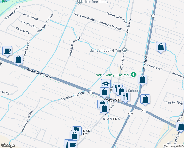 map of restaurants, bars, coffee shops, grocery stores, and more near 512 Golden Meadow Drive Northwest in Albuquerque