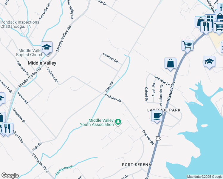 map of restaurants, bars, coffee shops, grocery stores, and more near 8006 Hale Road in Middle Valley