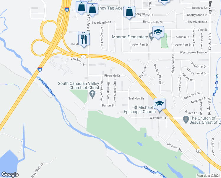 map of restaurants, bars, coffee shops, grocery stores, and more near 2623 Belknap Avenue in Norman
