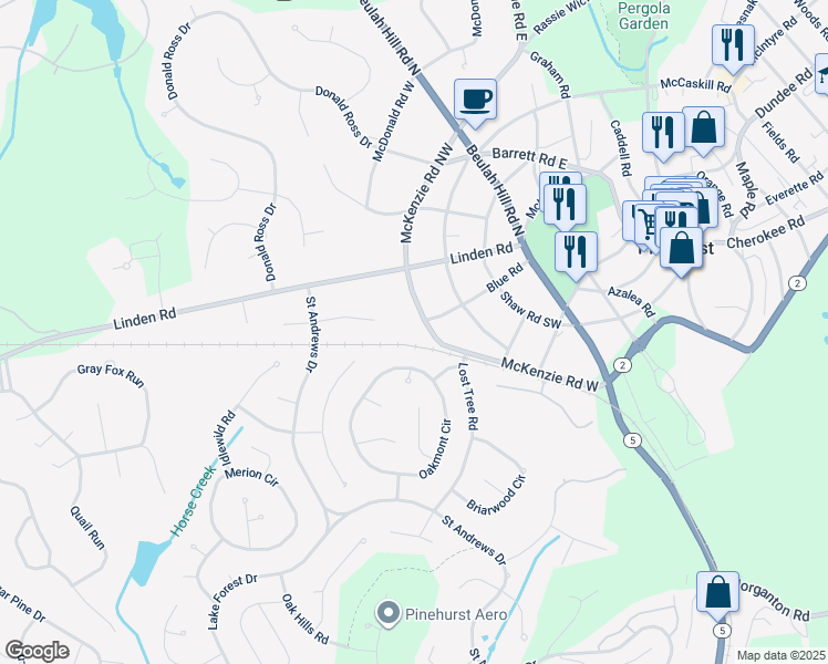 map of restaurants, bars, coffee shops, grocery stores, and more near 175 McKenzie Road East in Pinehurst