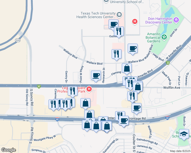 map of restaurants, bars, coffee shops, grocery stores, and more near 7501 Wallace Boulevard in Amarillo