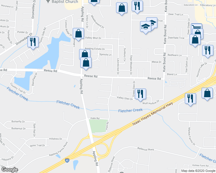 map of restaurants, bars, coffee shops, grocery stores, and more near 7555 Port Albert Lane in Memphis