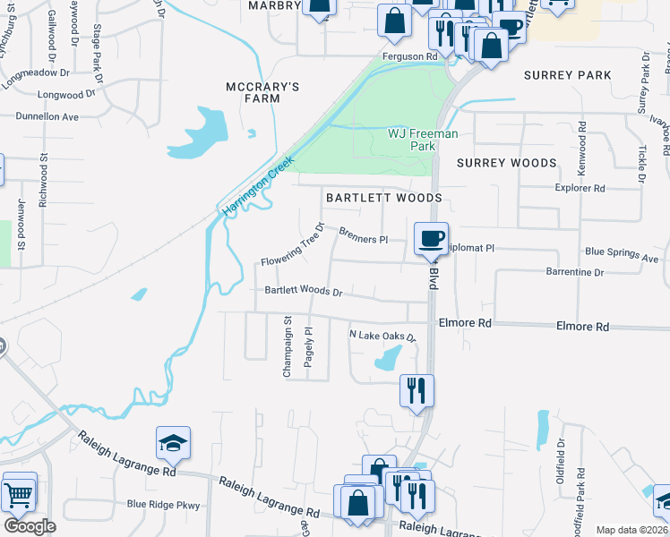 map of restaurants, bars, coffee shops, grocery stores, and more near 2472 Boysenberry Street in Bartlett