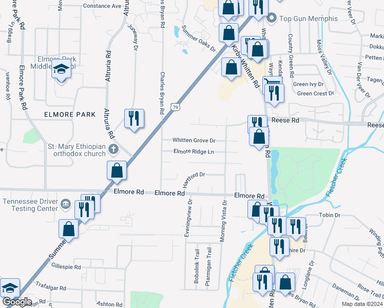 map of restaurants, bars, coffee shops, grocery stores, and more near 6615 Elmore Ridge Lane in Memphis
