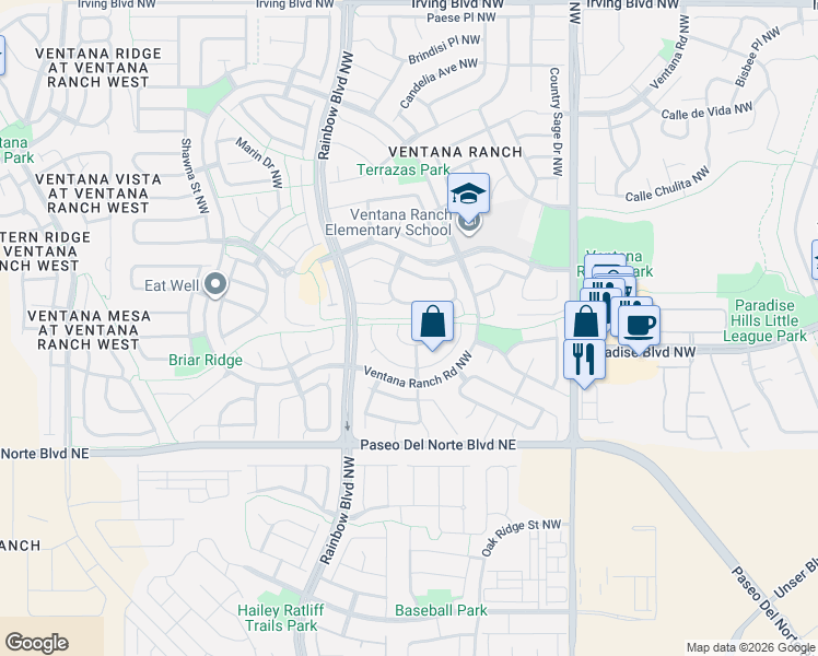 map of restaurants, bars, coffee shops, grocery stores, and more near 7019 Hartford Place Northwest in Albuquerque