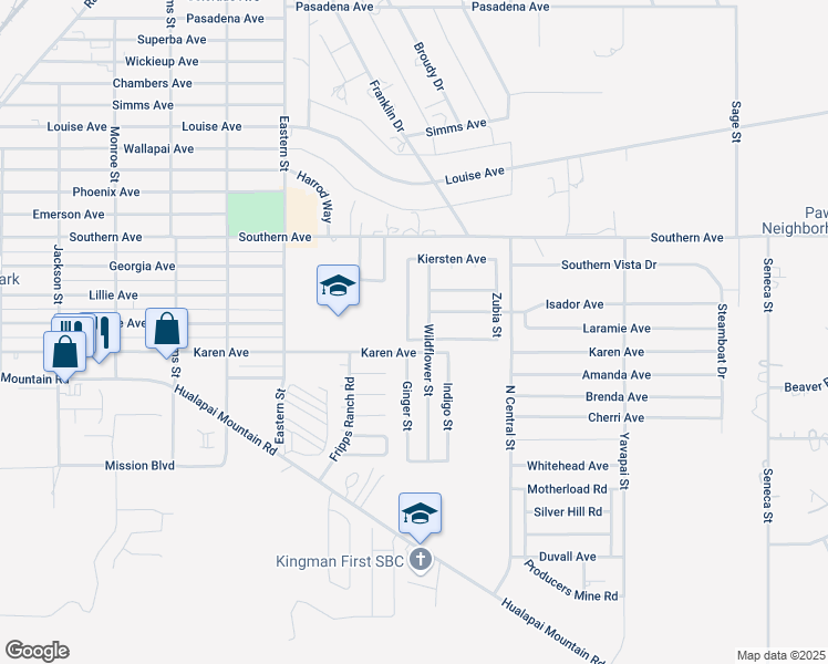 map of restaurants, bars, coffee shops, grocery stores, and more near 2393 Wildflower Street in Kingman