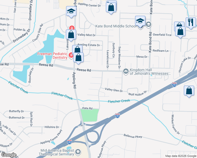 map of restaurants, bars, coffee shops, grocery stores, and more near 7555 Port Albert Lane in Memphis