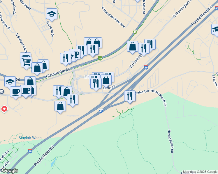 map of restaurants, bars, coffee shops, grocery stores, and more near 2306 East Lucky Lane in Flagstaff