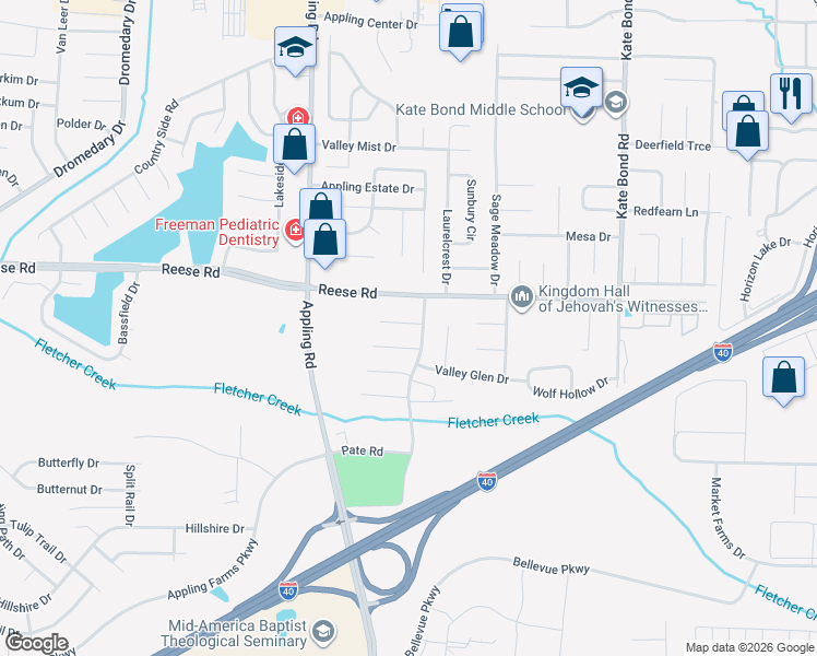 map of restaurants, bars, coffee shops, grocery stores, and more near 7555 Port Albert Lane in Memphis