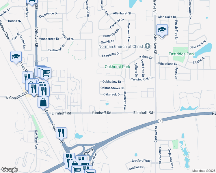 map of restaurants, bars, coffee shops, grocery stores, and more near 1905 Oakmeadows Dr in Norman