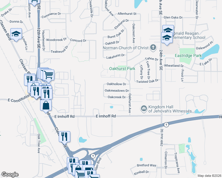 map of restaurants, bars, coffee shops, grocery stores, and more near 1901 Oakmeadows Drive in Norman