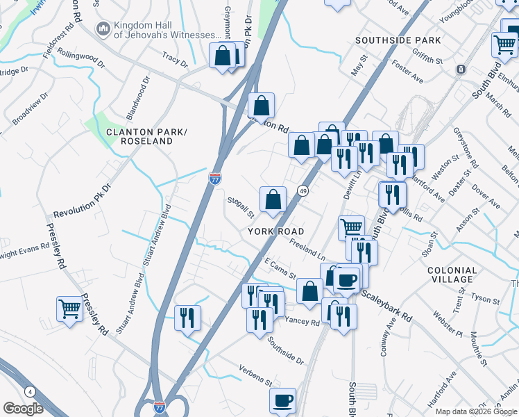 map of restaurants, bars, coffee shops, grocery stores, and more near 3912 Sarah Drive in Charlotte