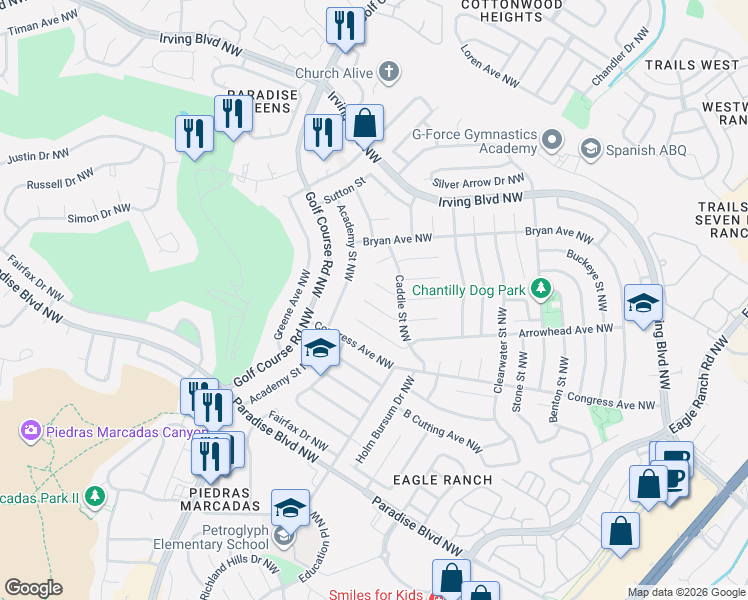 map of restaurants, bars, coffee shops, grocery stores, and more near 4600 Camden Court Northwest in Albuquerque