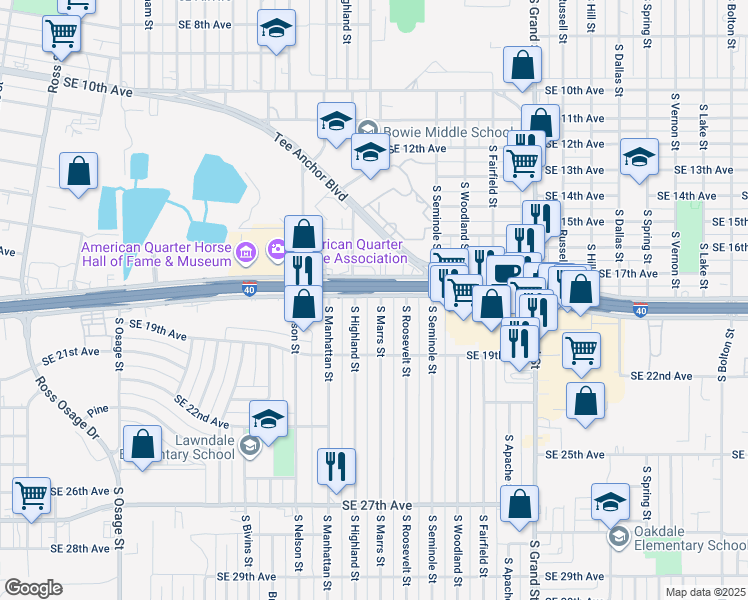 map of restaurants, bars, coffee shops, grocery stores, and more near 1700 South Marrs Street in Amarillo