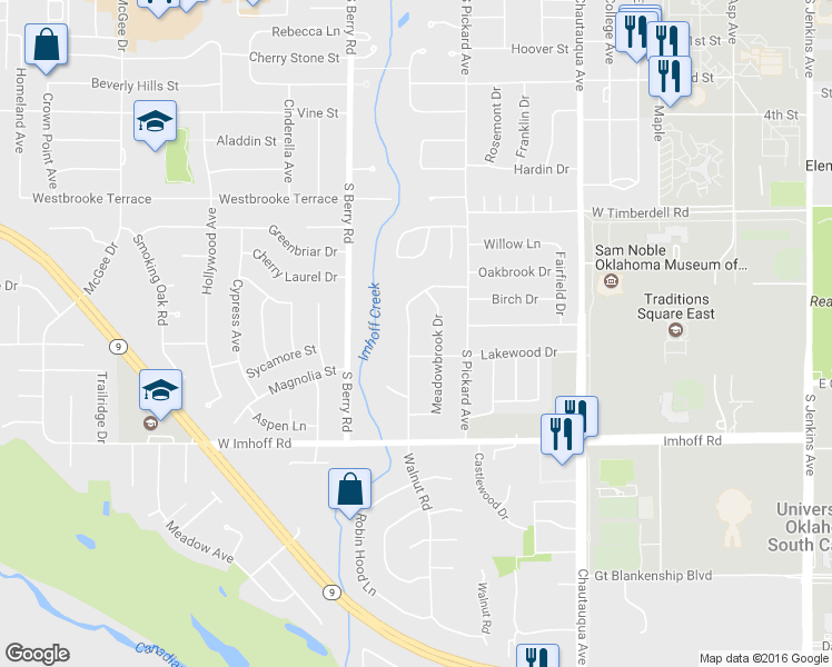 map of restaurants, bars, coffee shops, grocery stores, and more near 2601 Walnut Rd in Norman