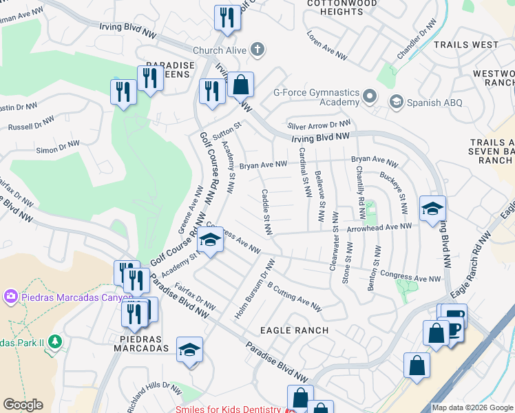 map of restaurants, bars, coffee shops, grocery stores, and more near 4600 Camden Court Northwest in Albuquerque