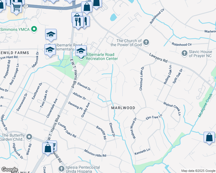 map of restaurants, bars, coffee shops, grocery stores, and more near 5239 Cressingham Court in Charlotte