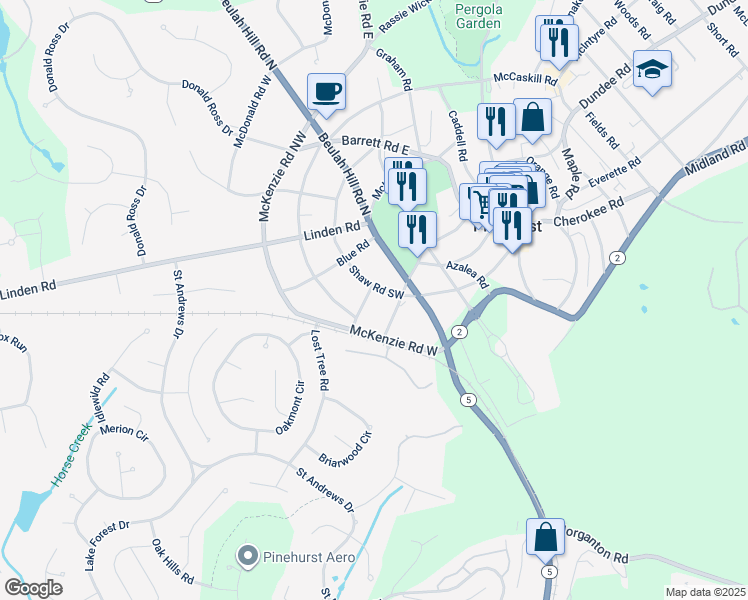map of restaurants, bars, coffee shops, grocery stores, and more near 40 Ferguson Road in Pinehurst