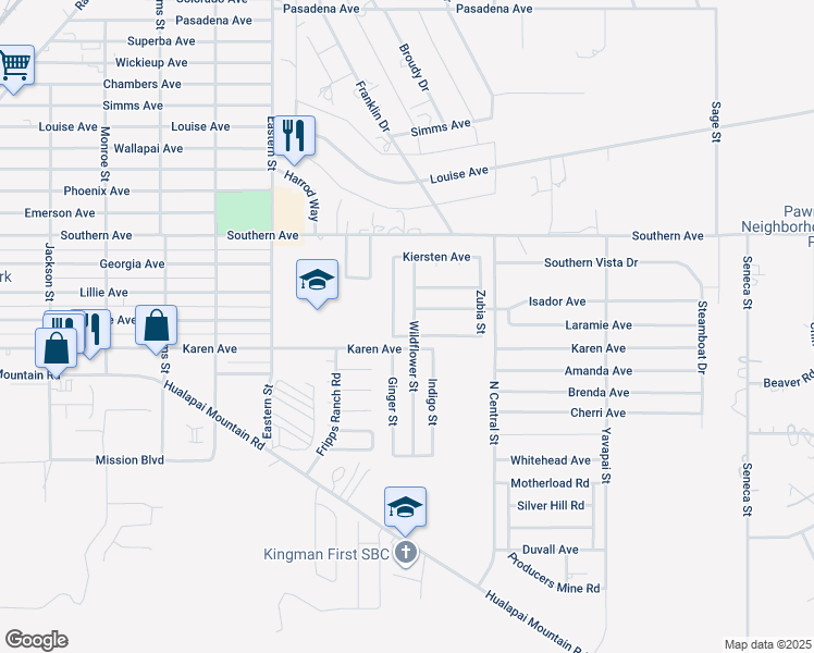 map of restaurants, bars, coffee shops, grocery stores, and more near 2393 Wildflower Street in Kingman