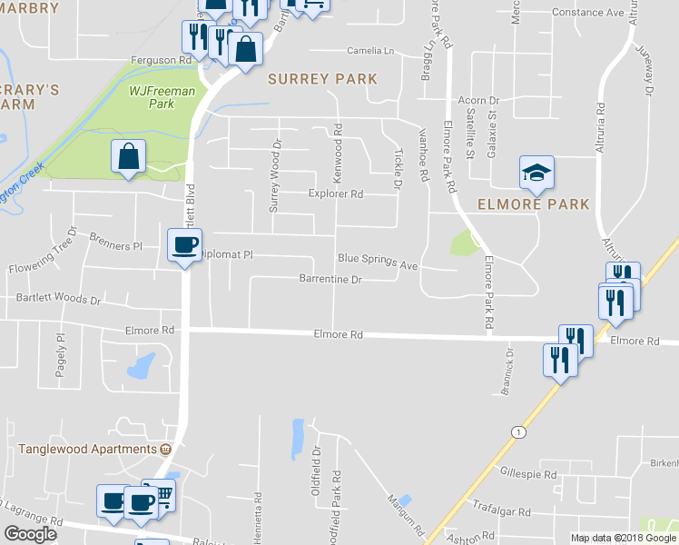 map of restaurants, bars, coffee shops, grocery stores, and more near 2472 Kenwood Lane in Memphis
