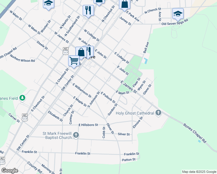 map of restaurants, bars, coffee shops, grocery stores, and more near 308 East Main Street in Mount Olive