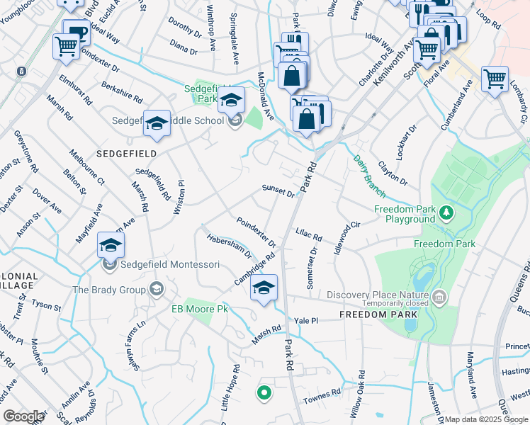 map of restaurants, bars, coffee shops, grocery stores, and more near 2900 Windsor Avenue in Charlotte