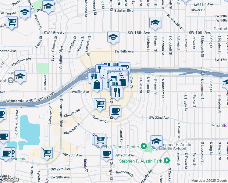 map of restaurants, bars, coffee shops, grocery stores, and more near 2632 Wolflin Ave in Amarillo