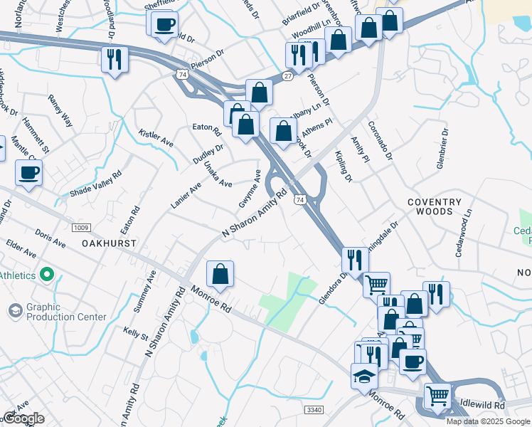 map of restaurants, bars, coffee shops, grocery stores, and more near 2436 North Sharon Amity Road in Charlotte