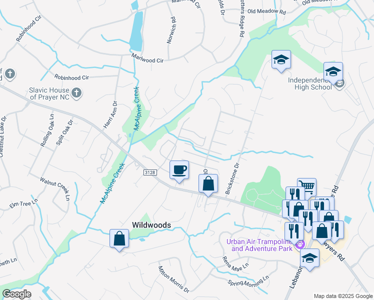 map of restaurants, bars, coffee shops, grocery stores, and more near 8507 Cozumel Street in Charlotte