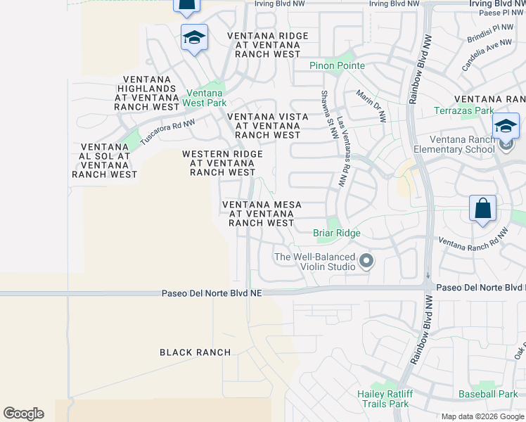 map of restaurants, bars, coffee shops, grocery stores, and more near 9924 Sunshine Mesa Drive Northwest in Albuquerque